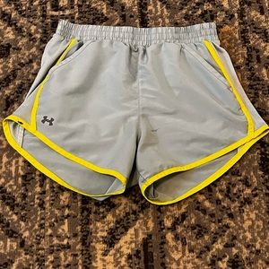 Blue shorts and neon yellow lining underarmor shorts